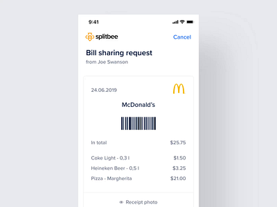 Splitbee – Mobile app banking bill cards code details fintech payment request scan split swipe transfer