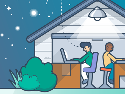 Working Hard chair seat laptop box table green bushes sky man men black asian star stars light garage