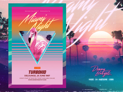 Miami Night 80's Synthwave Flyer Template 80s 90s dreamwave flamingos flyer miami vice rad retro retrowave synthwave templates vhs