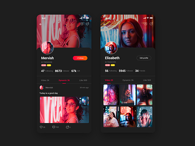 Social App • Profiles dark ui design profiles ui video community