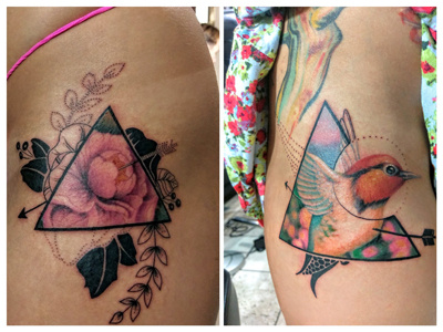 Ink in skin black work color work dot work flower geometry hummingbird ink skin tattoo triangle