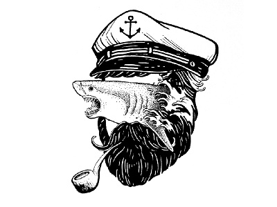 Cap'n Shark Beard anchor beard design hatching illustration ink pipe shark stipple tattoo wave