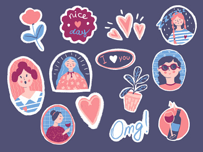 Stickers design girls graphic design illustration love naive plant stickers typography violet wine zzz