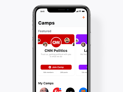 Discover Camps 🏕 app app store bonfire camp card featured group groups ios iphone orange room ui ux