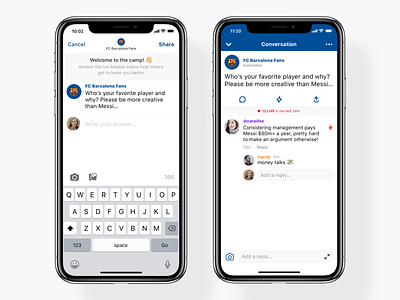 Bonfire Conversations + Icebreakers app apple bonfire chat comment compose conversation group icebreaker ios ios 12 iphone keyboard message post reply room thread ui welcome