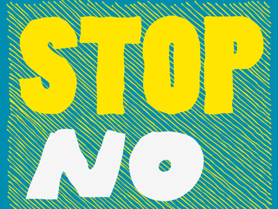 Stop No Parking blue hand drawn no stop upper case white yellow