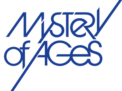 Mystery Of Ages typography 45 rpm 7 record angles avant garde blue diagonals lower case manipulated type sans serif typography upper case