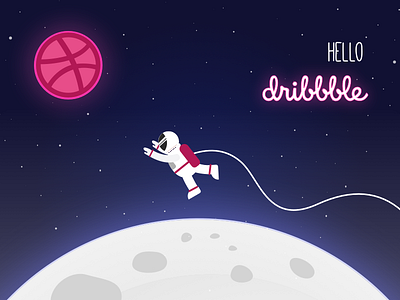 Hello Dribbble animation astronaut dribbble dribbble ball earth first shot flat galaxy illustration invite landscape logo space art starry sky typography vector welcome shot