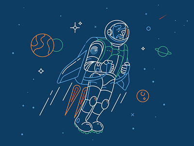 Spaceman character cosmonaut flat flatgraphic fly flying illustration outline space spaceship stars universe vector