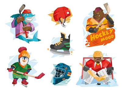 Hockey Low Poly Animals animals bear character hockey hockey stick ice illustration low low poly mascot penguin polygon puinguin shark sticker stickerpack vector walrus