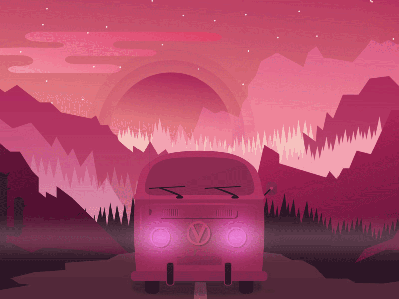 Pink Van animation design flat travel van vector
