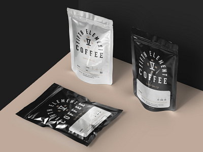 Fifth Element Roasted Coffee Bags branding clean coffee coffee branding coffee shop dark design ethical labels minimal origin packaging roasted roman numerals typography