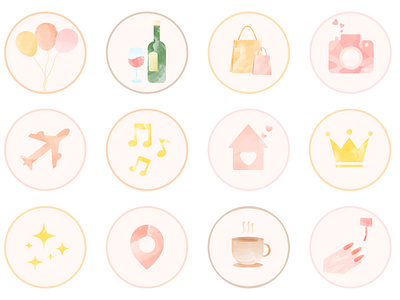Highlight cover for instagram, set of watercolor icons