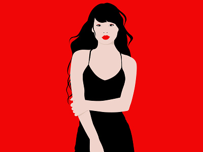 Just a girl asian black dress brunette fashion girl illustraion long hair red red lips woman