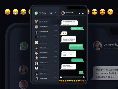 WhatsApp Dark mode 2020 app app design appdesign chat chat bubble clean dark dark mode dark ui emoji minimal mobile ui samsung fold ui design inspiration uidesign uiux whatsapp