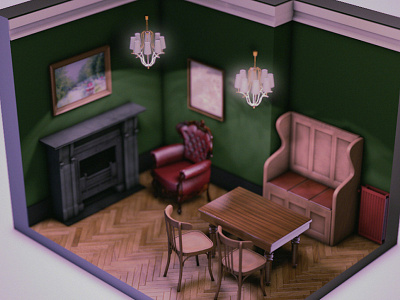 Pub interior #2 english fireplace furniture interior isometric pub wood