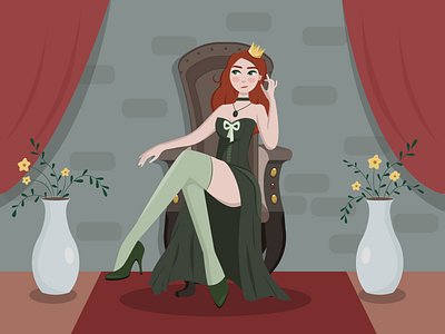 The queen is unhappy. character design dissatisfied female flowers girl graphic design illustration red haired throne vector wooden