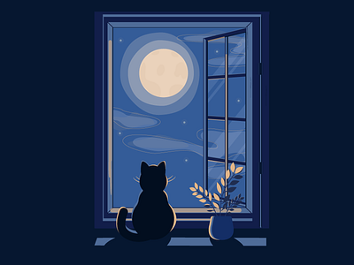 Cat and moon. adobe illustrator blue cat cute design graphic design illustration landscape moon night vector view from the window window windowsill