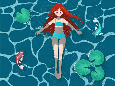 Сute red-haired girl. bathes blue carp character cute design female fish girl graphic design illustration lake landscape ocean red haired sea swamp vector water lily wave