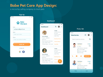 Babe Pet Care: A microchip selling company to track pets app dashboard app design dog microchip figma hybrid app design micro chip pet care process design ux design