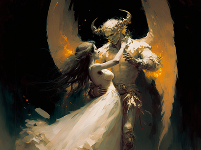 'How can I be good, If I have both horns and wings?' aiia angel couple dance demon digital art dvk expression fantasy imagination impression love painting pair style wings