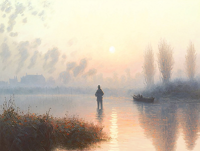 An early morning by the river aiia dvk the artist early morning fisherman fog mist reflections river sunshine water
