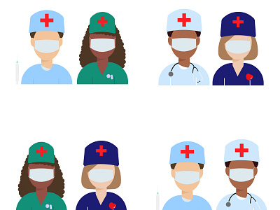 icons of doctors women and men in masks with medical accessories design graphic design illustration vector