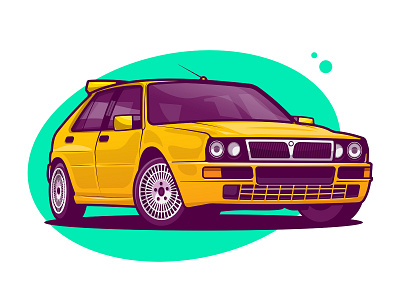 Lancia Delta 2020 car green hatchback illustrator lancia minimal profile retro small sports style travel vehicle vibrant yellow