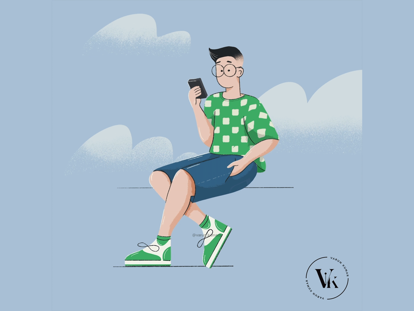 Notifications ♥️ animation character clouds denim flat gif glasses green guy heart illustration instagram jeans like nike notifications procreate sneakers texture