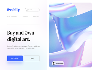 Freshity. Buy & Own Digital Art 3d blender curation digital art figma nft render sale ui ui ux ux web design