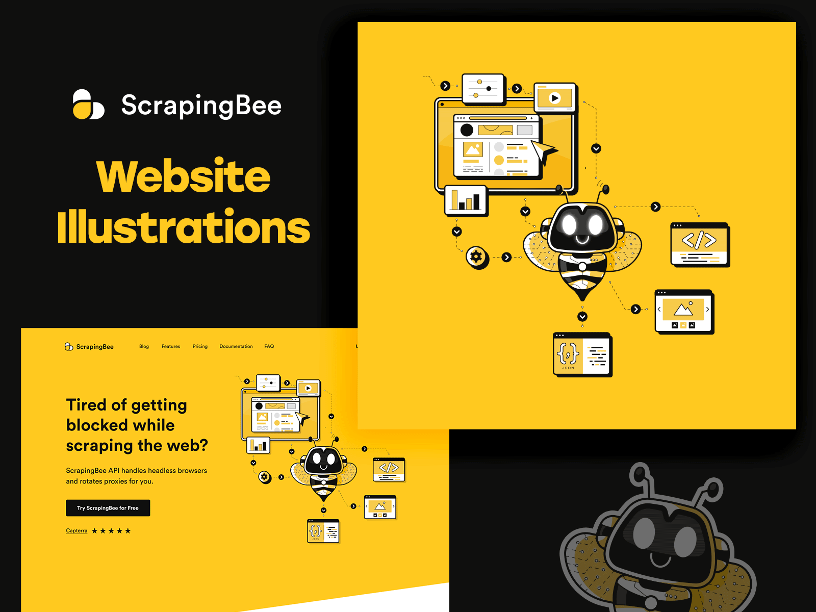 ScrapingBee Illustrations api bee branding character code cute design fresh illustrations javascript mascot monochrome ui ux vector website yellow