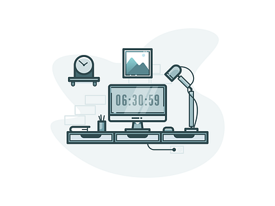 Desktop books clock computer desk icon illustration lamp laptop mac room table vector