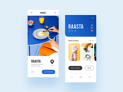 Foodiez UI android app app design blue card colorful design flat food icon ios minimal mobile ui ui ux ux