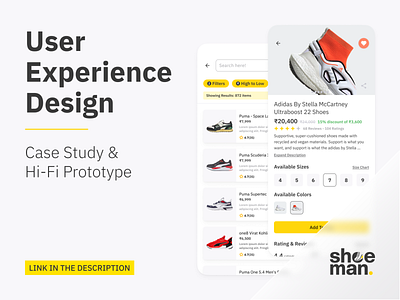 Shoeman (Prototype + Case Study) app casestudy clean design feedback figma high fidelity idea inspiraton latest project prototype top searches uiux user experience user interface