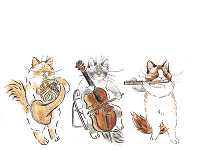 OrCATstra cat cats cello classical cute flute french horn illustration meow music musical musician painting ragdoll ragdoll cats ragdolls watercolor watercolour woodwind