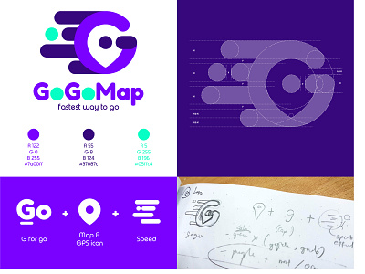 GoGoMap Logo Design booking branding design fast gps green icon illustration logo map platform purple speed transport