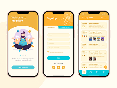 Mobile App for My Diary calendar design diary graphic design mobile app sign up task ui vector welcome page yellow