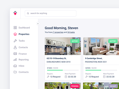 Property Management Dashboard pt 2 app cards clean dash dashboard dashboard ui design house input interface management minimal property property management real estate rent search ui ux web