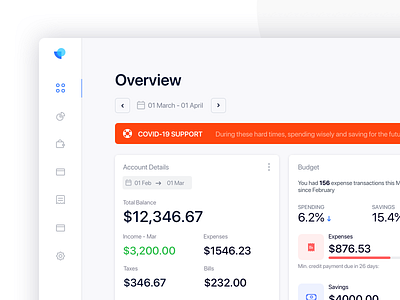 Finance and Budgeting Tool account app banking budget clean covid dash dashboard design finance interface minimal money savings transfer ui ux virus web website