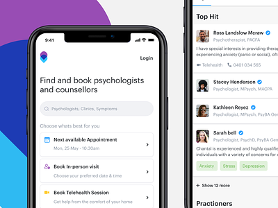 Mental Health App app booking clean design doctor health app healthcare interface ios iphone medicine mental health minimal mobile psychologist search therapy ui ux web