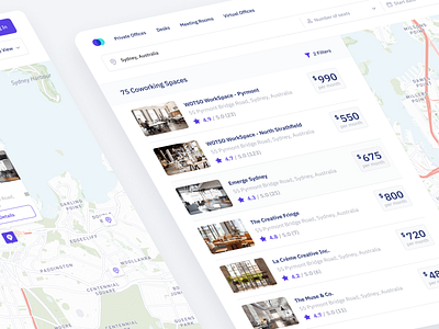 Coworking space search app app business cards ui clean dash dashboard design flat interface minimal productdesign saas search search results ui ux web webapp webapp design work