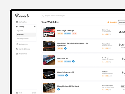 Reverb Concept pt.2 cards clean design ecommerce interface minimal modern music product product design search store ui ui design ux ux design web web design