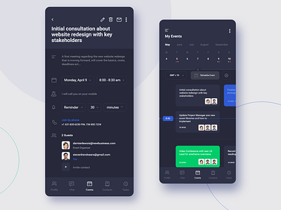 Scheduling App Screens - Dark UI app app design appointments book booking calendar chat clean colours inbox interface ios message minimal mobile plan projects schedule ui ux