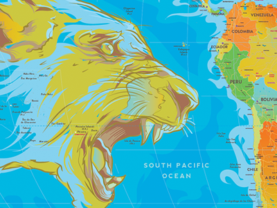 The World colorful continents contrast illustration lion map nature organic wild world