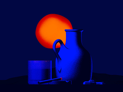 Moonlight abstract blue bottle broken cigarette design drink drinking illustration jug light moon moonlight sun water watercolor