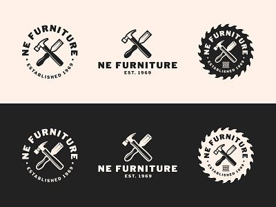 NE Furniture Logo badge badge design carpenter chisel furniture hammer logo logo design logo designs logodesign mark rustic wordmark
