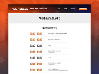 All Access Schedule Page agenda event schedule timeline times web design website