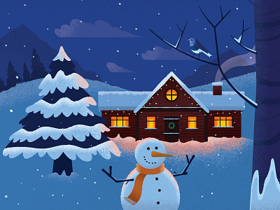 Festive Scene ☃️ christmas festive grain holidays house illustration night robin seasonal snow tree