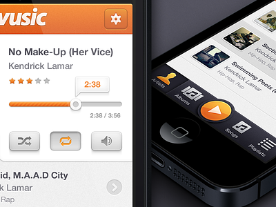 Vusic App Design album album art app button app design app navigation kendricks da man music music app navigation orange orange app play icon progress bar repeat shuffle tooltip volume