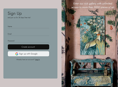 Sign up form for a gallery with art works art challenge gallery graphic design log in sign up ui